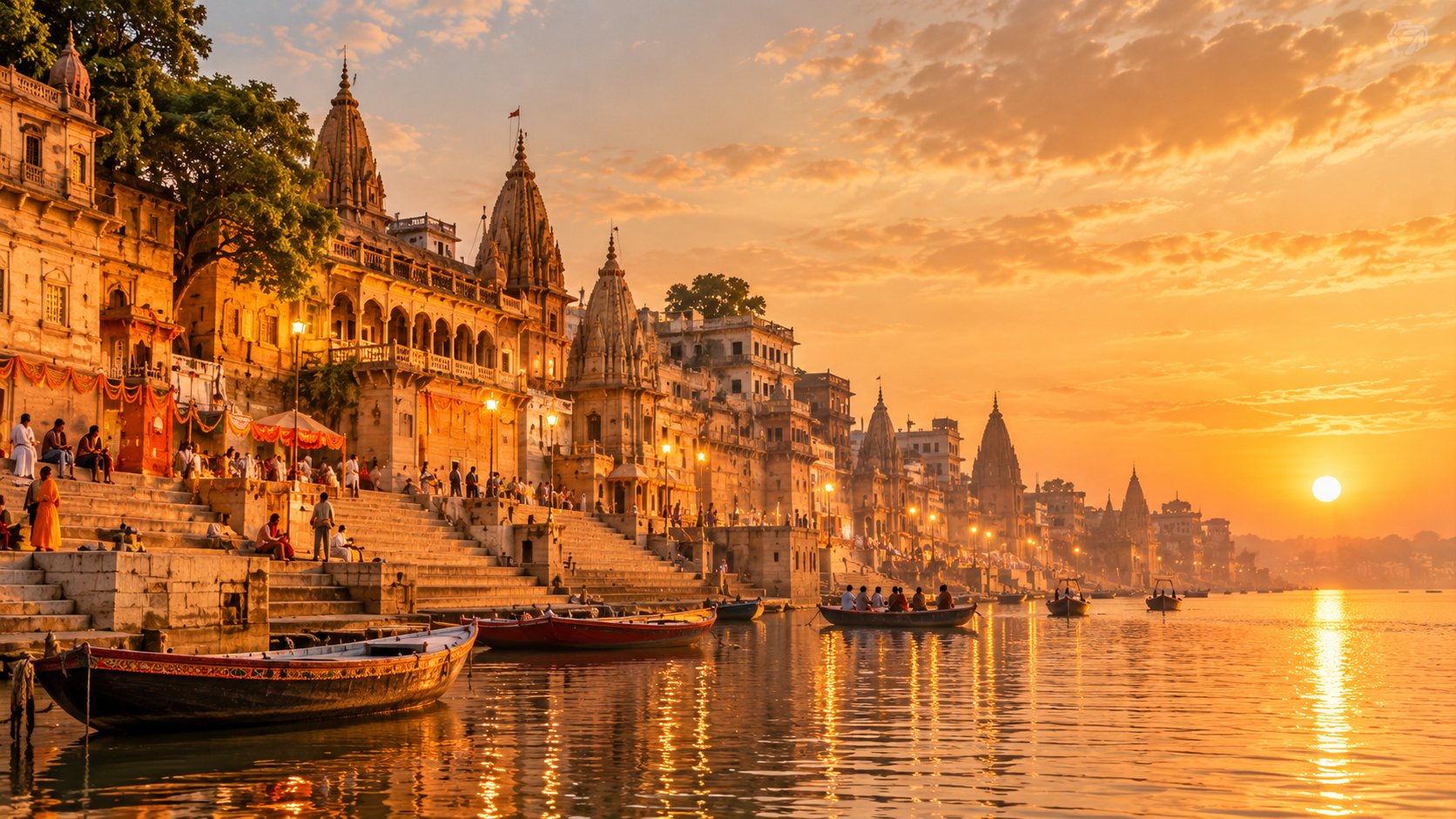 Illustrated Varanasi ghats at sunset